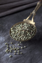 Brass spoon with green peppercorns on textile, close up - CSF019584