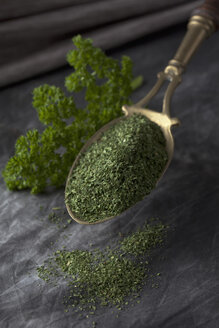 Brass spoon with dried parsley on textile, close up - CSF019577