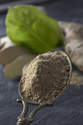 Brass spoon with dried ginger powder on textile, close up - CSF019546