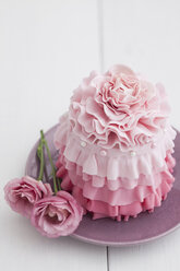 Rosa Mini-Kuchen mit rosa Rosen auf Teller, Nahaufnahme - ECF000215