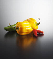 Habaneros and chilis on coloured background, close up - KSW001137
