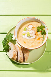 Schüssel Suppe mit Karotten, Frühlingszwiebeln, Kohl und Brot auf dem Teller - MAEF006847