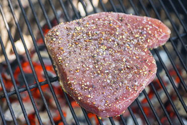 Tuna steak grilling on barbecue, close up - ABAF000959