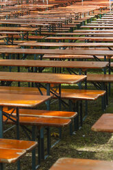 Germany, Baden Wuerttemberg, Laupheim, Empty benches and tables in beer garden - HAF000164