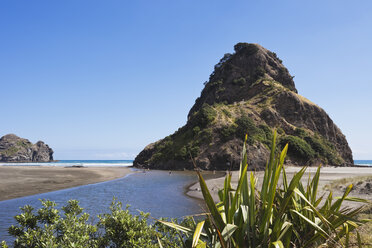 New Zealand, View of Lion rock at Piha beach - GWF002323