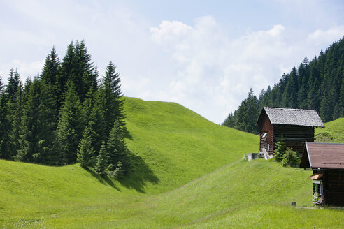 Österreich, Blick auf Berge und Hütten im Montafon - FLF000342