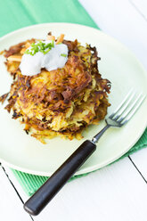 Plate of fried mashed potatoes with fork on wooden table, close up - MAEF007098