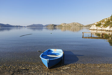 Turkey, View of boat moored at Sogut village - SIEF004193