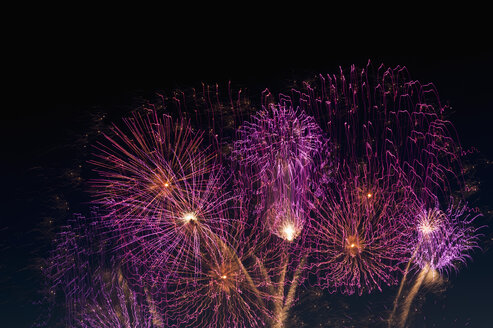 Germany, North Rhine Westphalia, Duesseldorf, Fireworks exploding in sky - KJF000247