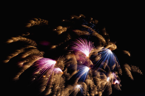 Germany, North Rhine Westphalia, Duesseldorf, Fireworks exploding in sky - KJF000245