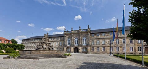 Deutschland, Bayern, Franken, Markgräflerbrunnen vor dem Neuen Schloss, lizenzfreies Stockfoto