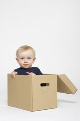 Porträt eines kleinen Jungen in einer Schachtel sitzend auf weißem Hintergrund - MUF001341