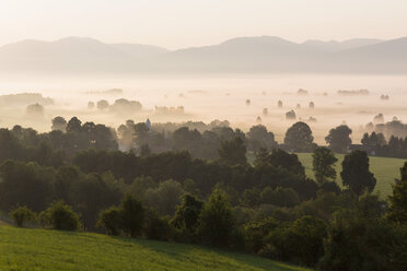 Deutschland, Bayern, Blick auf das Murnauer Moos mit Nebel bei Sonnenaufgang - FOF005154