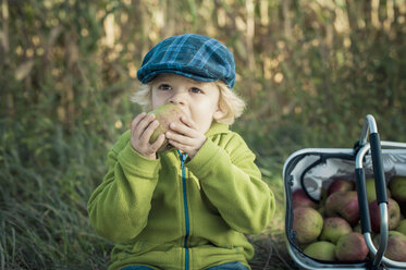 Germany, Saxony, Boy eating apple, looking away - MJF000318