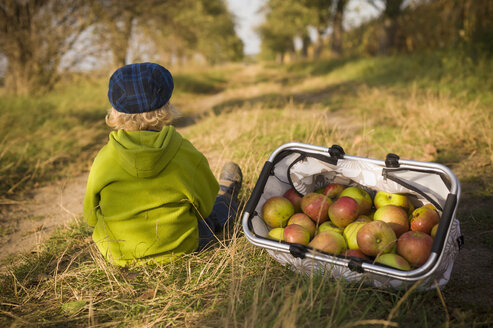 Deutschland, Sachsen, Junge sitzend mit Korb voller Äpfel - MJF000317