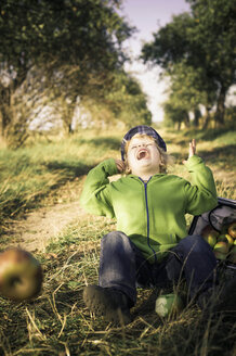Deutschland, Sachsen, Junge sitzt mit Korb voller Äpfel und lacht - MJF000315
