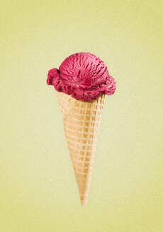 Ice Cream in cone against yellow background, close up - CHF000062