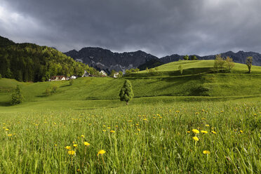 Österreich, Kärnten, Blick auf ein Dorf in der Nähe des Karawankengebirges - SIEF004250