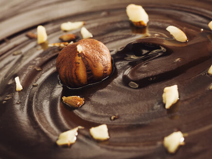 Chocolate surface with swirl and hazelnut, close up - CHF000067