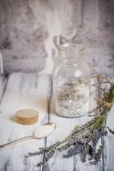 Glass of sugar with dried lavender flowers - SBD000195