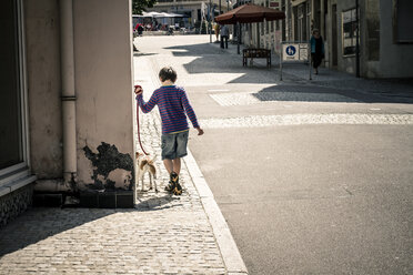 Germany, Vaihingen, Little boy walking dog - SBDF000206