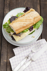 Baguette-Sandwich mit Tellerstapel, Nahaufnahme - ECF000334