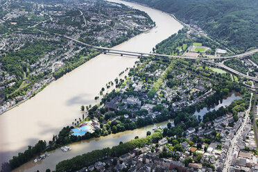 Deutschland, Rheinland-Pfalz, Hochwasser des Rheins bei Koblenz Oberwerth, Luftbild - CSF019957