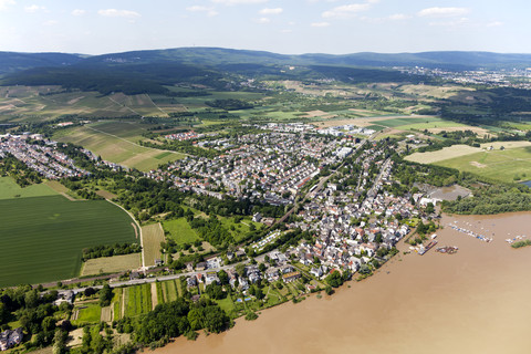 Deutschland, Hessen, Hochwasser des Rheins bei Wiesbaden, Luftbild, lizenzfreies Stockfoto