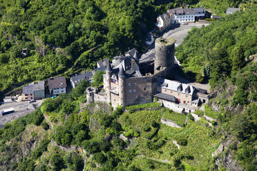 Deutschland, Rheinland-Pfalz, Sankt Goarshausen, Ansicht der Burg Katz, Luftbild - CSF019987