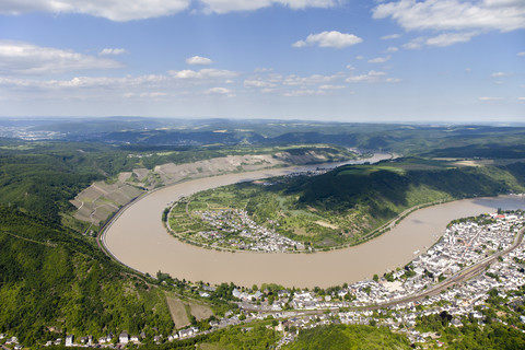 Deutschland, Rheinland-Pfalz, Rheinschleife bei Boppard, Luftbild, lizenzfreies Stockfoto