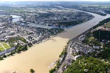 Germany, Rhineland-Palatinate, confluence of River Rhine and Moselle at Koblenz, aerial photo - CSF019995