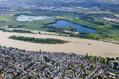 Germany, Rhineland-Palatinate, High water of River Rhine at Urmitz, aerial photo stock photo