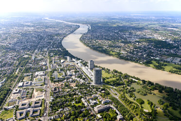 Germany, North Rhine-Westphalia, Bonn, View of city with Posttower at River Rhine, aerial photo - CSF020004