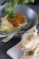 Spaghetti with vegetarian bolognese sauce made of soya - ODF000466