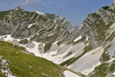 Montenegro, Crna Gora, verdrehte Gesteinsschichten unterhalb von Bobotov Kuk - ES000581