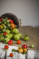 Different red and green tomatoes in bucket, studio shot - SBDF000232