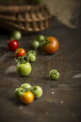 Verschiedene rote und grüne Tomaten auf dunklem Holzteller, Studioaufnahme - SBDF000235