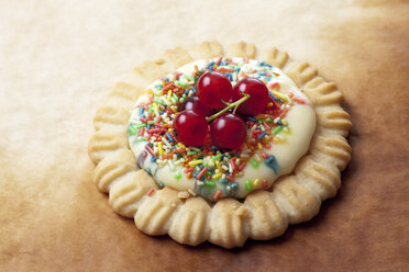 Kuchen mit Vanillepudding, roten Johannisbeeren und Zuckerstreuseln, Studioaufnahme - CSF020127