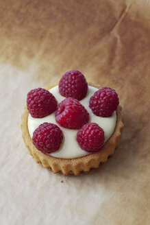 Kuchen mit Vanillepudding und Himbeeren auf Backpapier, Studioaufnahme - CSF020128