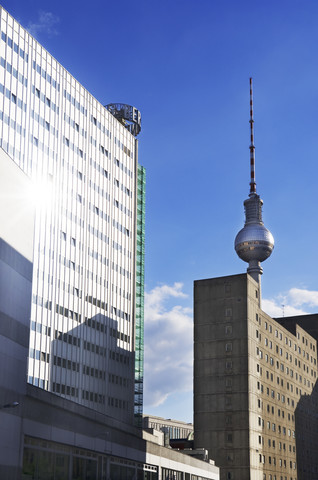 Germany, Berlin, Berlin-Mitte, publishing house Berliner Verlag, industrialized apartment block and TV tower stock photo