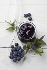 Glas Blaubeermarmelade und einige Beeren auf Plastiklöffel, Studioaufnahme - CSF020151