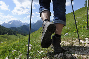 Germany, Bavaria, Hikers on Ramsau mountain pasture experience path - LB000368