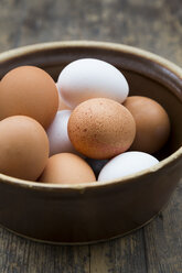 Eggs in bowl on wooden table - LVF000253