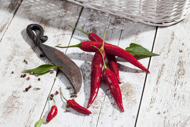 Rote Chilischoten (Capsicum) und ein altes Messer auf weißem Holztisch, Studioaufnahme - CSF020240