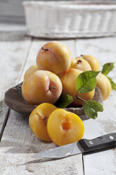 Sliced and whole yellow gages (Prunus domestica subsp. italica) and a wooden spoon on white wooden table, studio shot - CSF020248