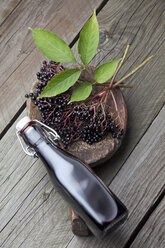 Holunderbeeren (Sambucus), Blätter auf einer Holzschaufel und eine Flasche Holundersaft auf weißem Holztisch, Studioaufnahme - CSF020263