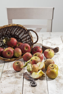 Bio-Äpfel (Malus), Korb und ein Messer auf weißem Holztisch, Studioaufnahme - CSF020299