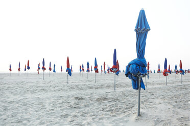 France, Normandy, Deauville, Sunshades on beach - TLF000735