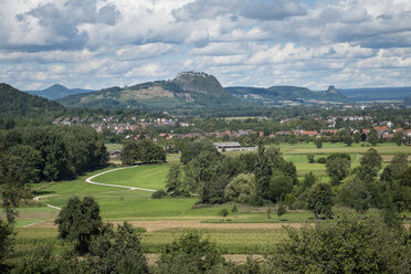 Germany, Baden Wuerttemberg, View of Hegau landscape, Hohenhewen, Hohentwiel and Hohenkraehen, from left - ELF000587