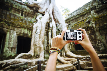 Kambodscha, Angkor Wat, Frau fotografiert den berühmten Baum im Ta Prohm-Tempel - MBEF000769